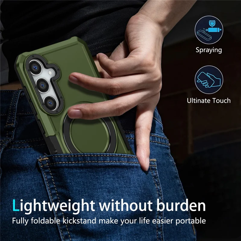 For Samsung Galaxy S24+ Case Hybrid TPU+PC Cover with Ring Holder Kickstand - Blackish Green