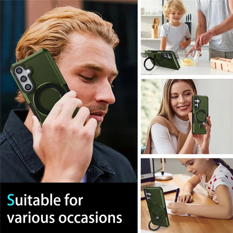 For Samsung Galaxy S24+ Case Hybrid TPU+PC Cover with Ring Holder Kickstand - Blackish Green