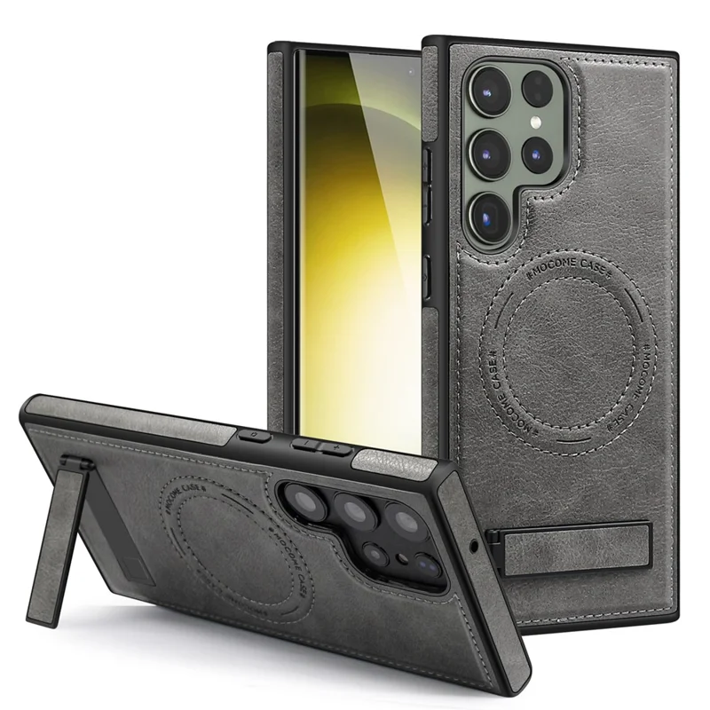 For Samsung Galaxy S24 Ultra Magnetic Case with Folded Kickstand PC Silicone Leather Phone Back Cover  - Grey
