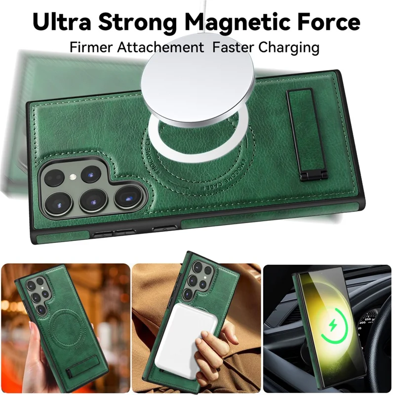 For Samsung Galaxy S24 Ultra Magnetic Case with Folded Kickstand PC Silicone Leather Phone Back Cover  - Grey