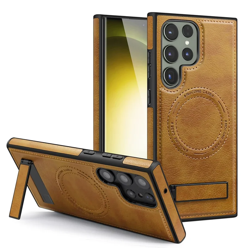 For Samsung Galaxy S24 Ultra Magnetic Case with Folded Kickstand PC Silicone Leather Phone Back Cover  - Brown