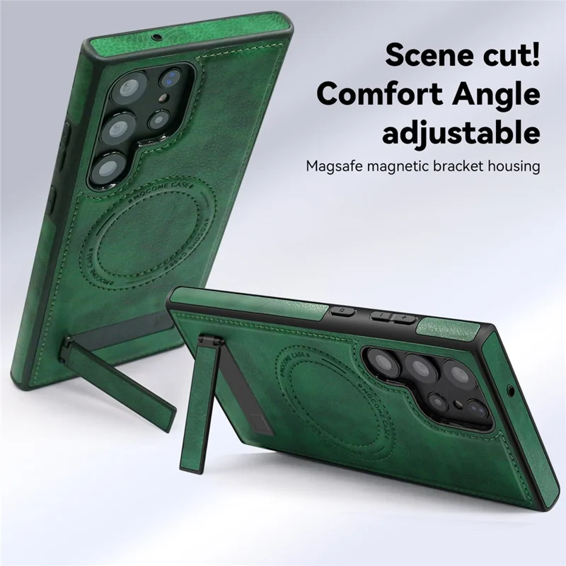 For Samsung Galaxy S24 Ultra Magnetic Case with Folded Kickstand PC Silicone Leather Phone Back Cover  - Brown