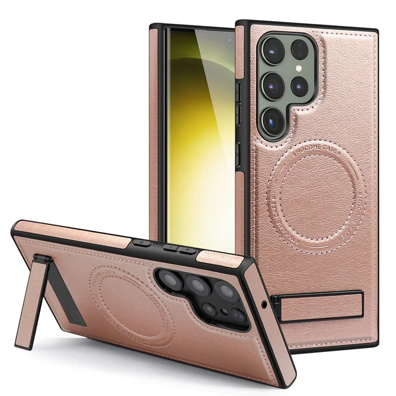 For Samsung Galaxy S24 Ultra Magnetic Case with Folded Kickstand PC Silicone Leather Phone Back Cover  - Rose Gold