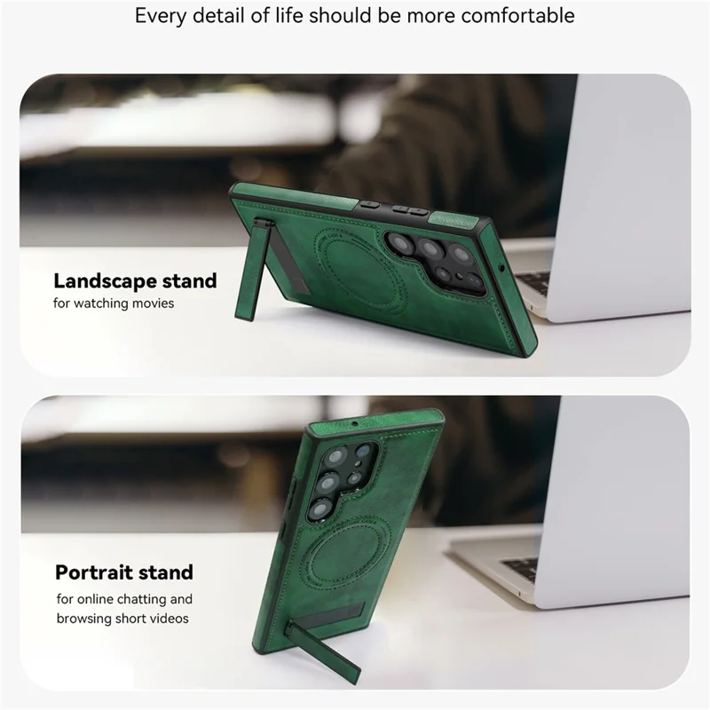 For Samsung Galaxy S24 Ultra Magnetic Case with Folded Kickstand PC Silicone Leather Phone Back Cover  - Rose Gold