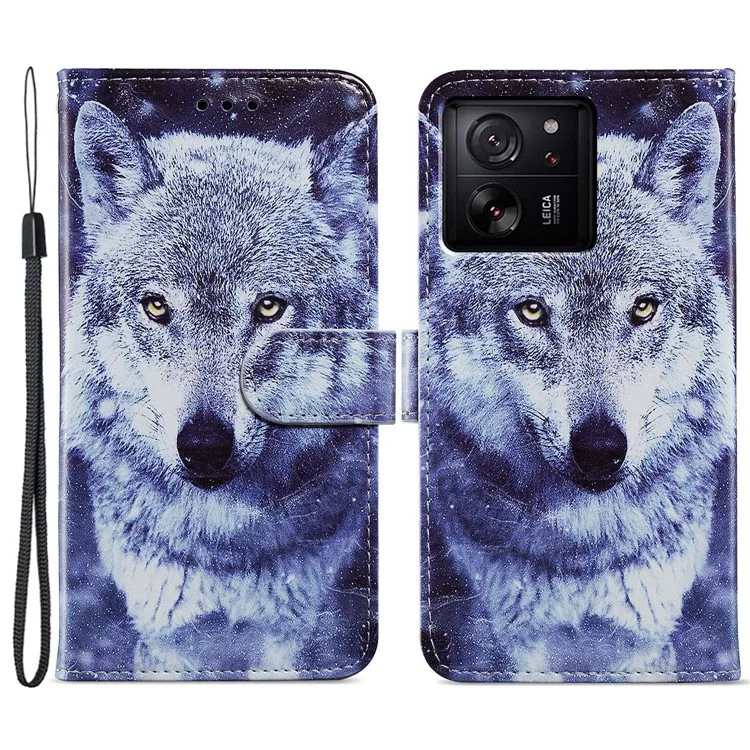For Xiaomi 13T / 13T Pro / Redmi K60 Ultra Cover Artistic Stand Leather Wallet Case - White Wolf