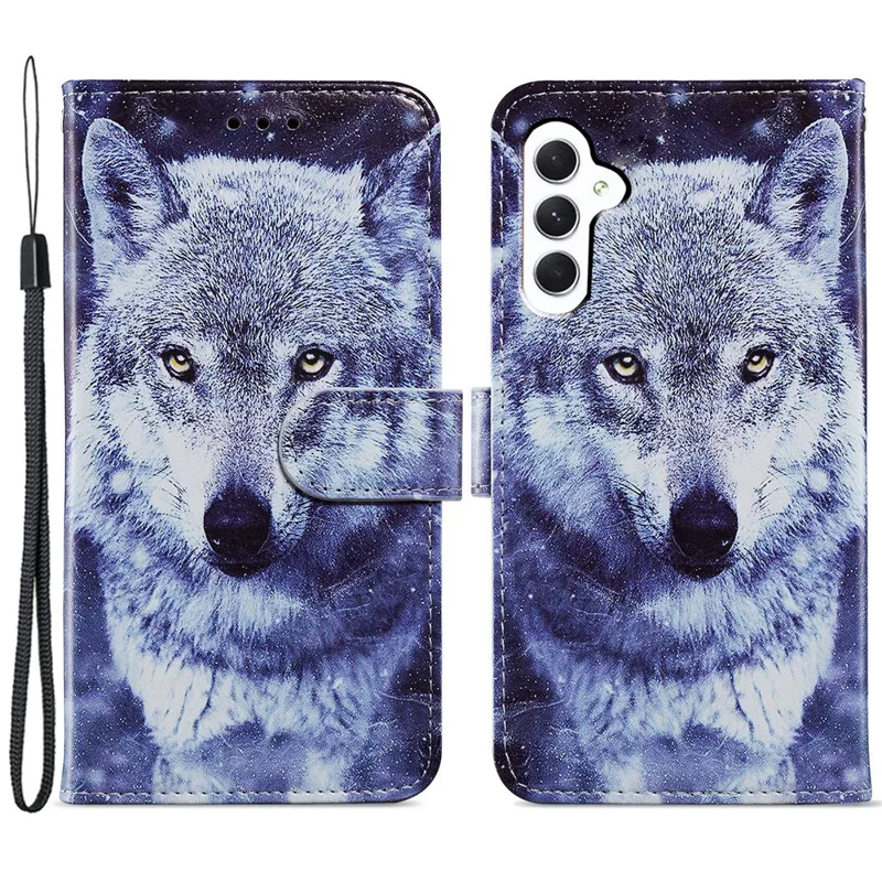 For Samsung Galaxy A55 5G Cell Phone Case PU Leather Pattern Print Wallet Cover - White Wolf