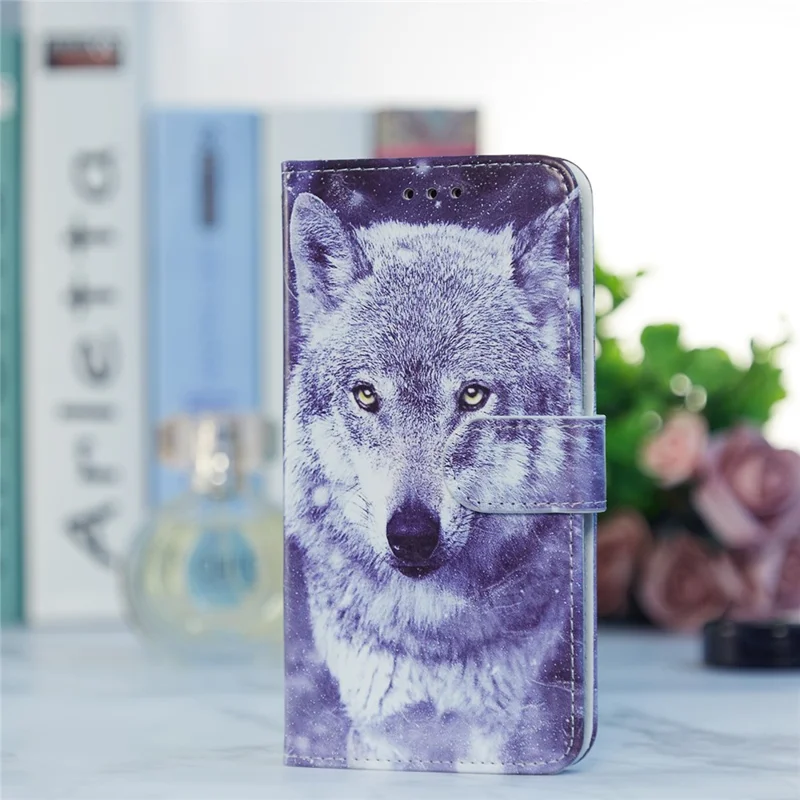 For Samsung Galaxy A55 5G Cell Phone Case PU Leather Pattern Print Wallet Cover - White Wolf