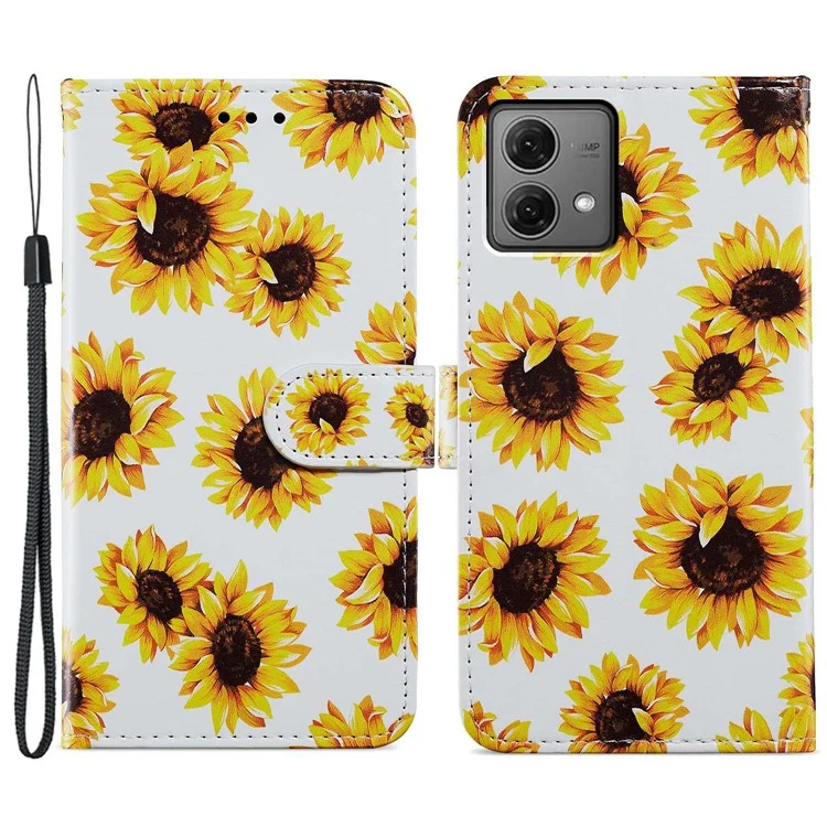 Para Motorola Moto G84 5G Capa de Telefone Padrão de Couro Impressa Capa com Alça de Pulso - Girassol