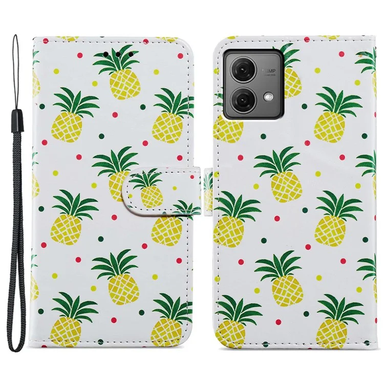 For Motorola Moto G84 5G Phone Case Leather Pattern Print Stand Cover with Wrist Strap - Pineapple