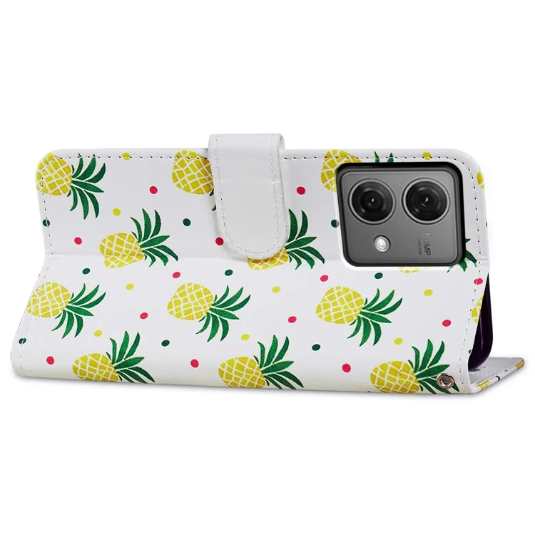 For Motorola Moto G84 5G Phone Case Leather Pattern Print Stand Cover with Wrist Strap - Pineapple