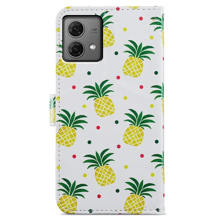 For Motorola Moto G84 5G Phone Case Leather Pattern Print Stand Cover with Wrist Strap - Pineapple