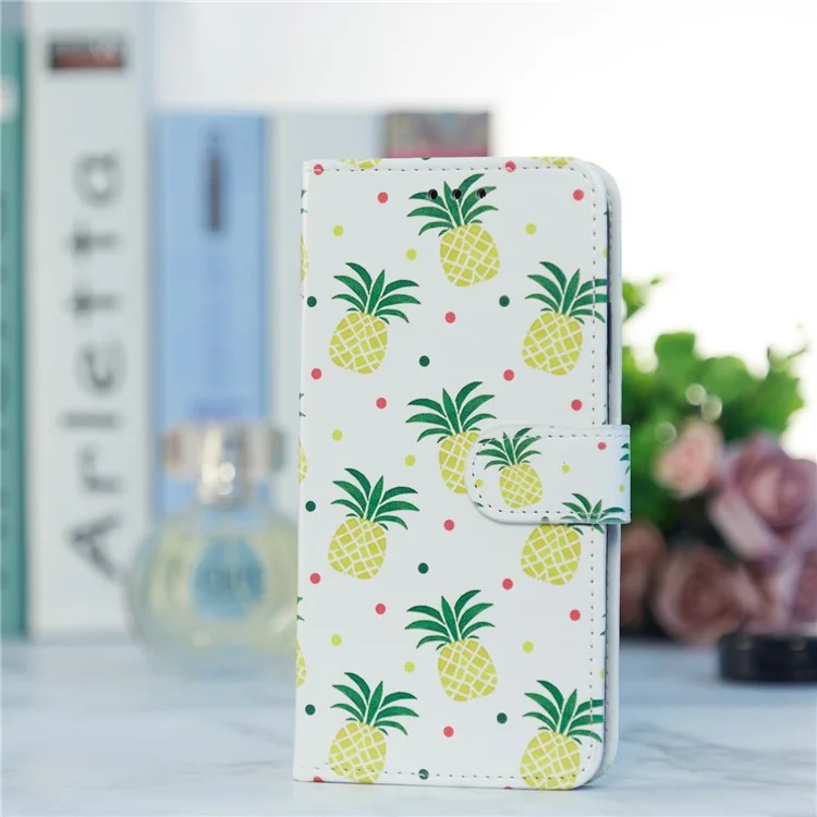 For Motorola Moto G84 5G Phone Case Leather Pattern Print Stand Cover with Wrist Strap - Pineapple