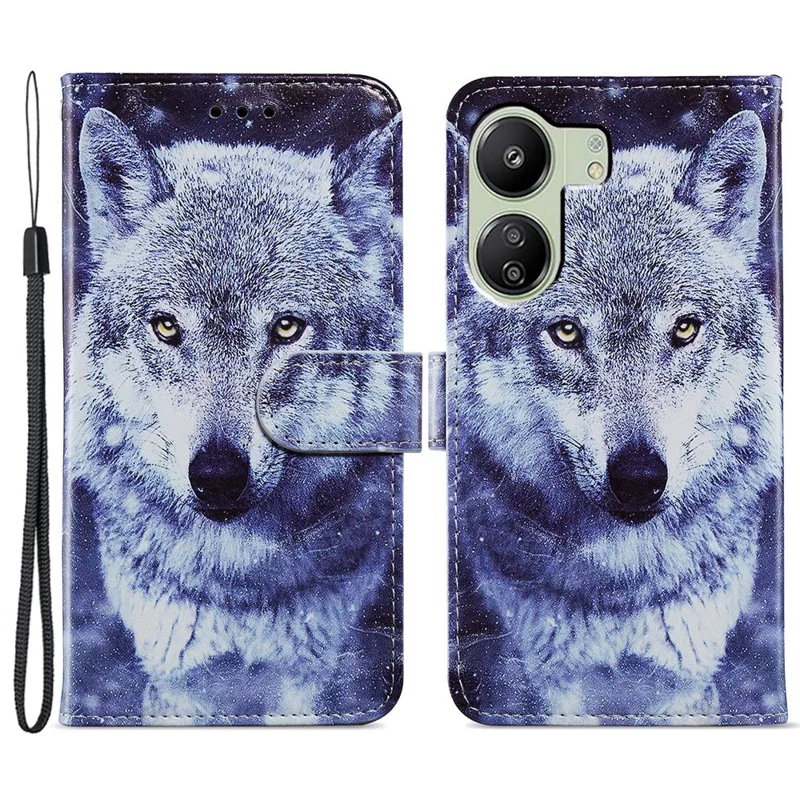 For Xiaomi Redmi 13C 4G / Poco C65 4G Case Leather Pattern Printing Stand Protective Cover - White Wolf