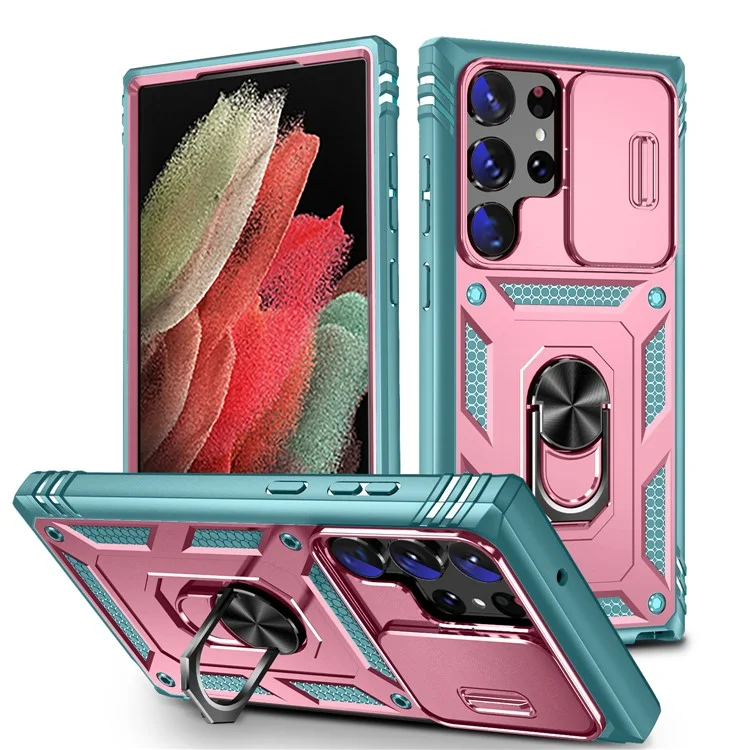 Funda para teléfono Samsung Galaxy S24 Ultra con cubierta deslizante para la cámara y soporte de anillo - Rosa + Verde Gris
