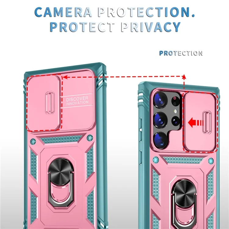 Funda para teléfono Samsung Galaxy S24 Ultra con cubierta deslizante para la cámara y soporte de anillo - Rosa + Verde Gris
