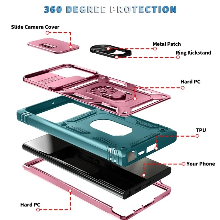 Funda para teléfono Samsung Galaxy S24 Ultra con cubierta deslizante para la cámara y soporte de anillo - Rosa + Verde Gris