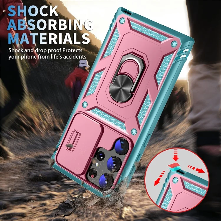 Funda para teléfono Samsung Galaxy S24 Ultra con cubierta deslizante para la cámara y soporte de anillo - Rosa + Verde Gris