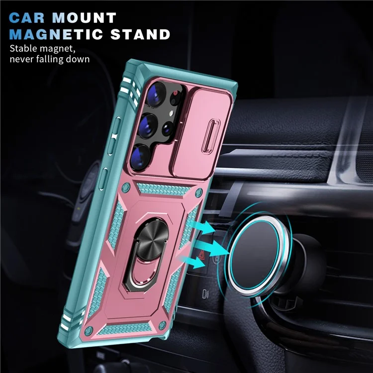 Funda para teléfono Samsung Galaxy S24 Ultra con cubierta deslizante para la cámara y soporte de anillo - Rosa + Verde Gris