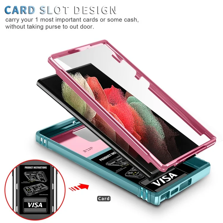 Funda para teléfono Samsung Galaxy S24 Ultra con cubierta deslizante para la cámara y soporte de anillo - Rosa + Verde Gris