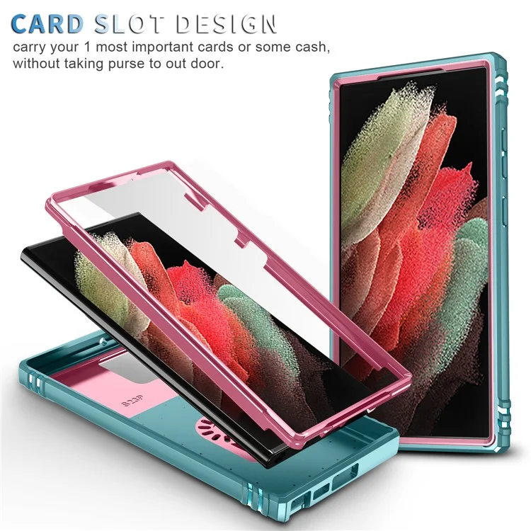 Funda para teléfono Samsung Galaxy S24 Ultra con cubierta deslizante para la cámara y soporte de anillo - Rosa + Verde Gris