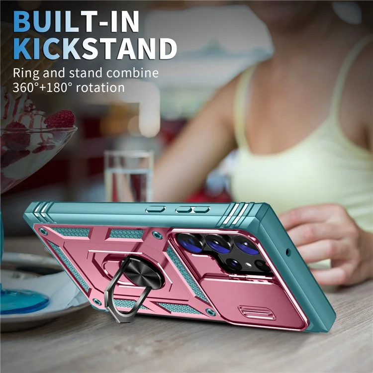 Funda para teléfono Samsung Galaxy S24 Ultra con cubierta deslizante para la cámara y soporte de anillo - Rosa + Verde Gris
