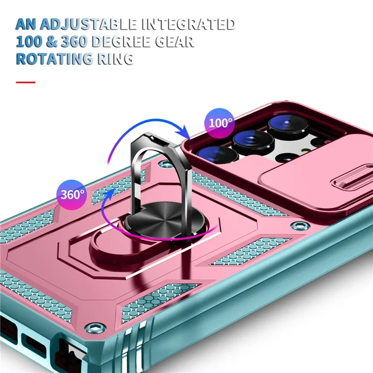 Funda para teléfono Samsung Galaxy S24 Ultra con cubierta deslizante para la cámara y soporte de anillo - Rosa + Verde Gris
