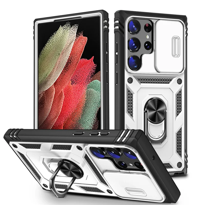 For Samsung Galaxy S24 Ultra Phone Case Built-in Slide Camera Lens Cover + Ring Holder Kickstand - White+Black