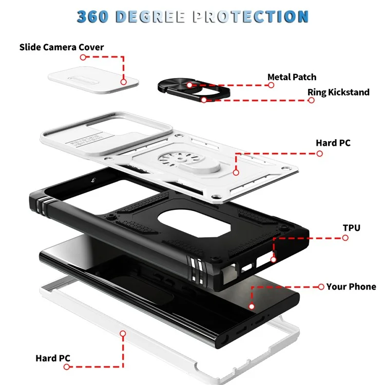 For Samsung Galaxy S24 Ultra Phone Case Built-in Slide Camera Lens Cover + Ring Holder Kickstand - White+Black