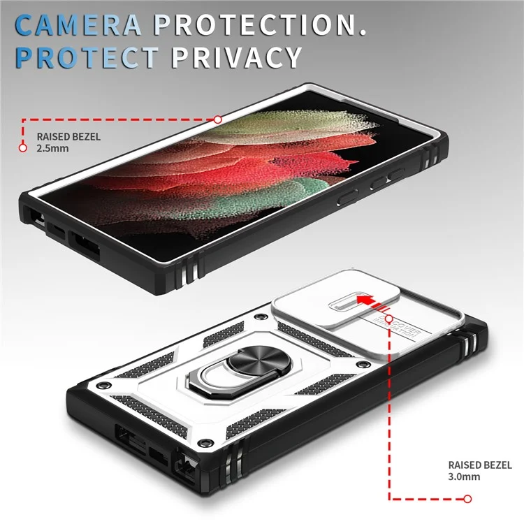 For Samsung Galaxy S24 Ultra Phone Case Built-in Slide Camera Lens Cover + Ring Holder Kickstand - White+Black
