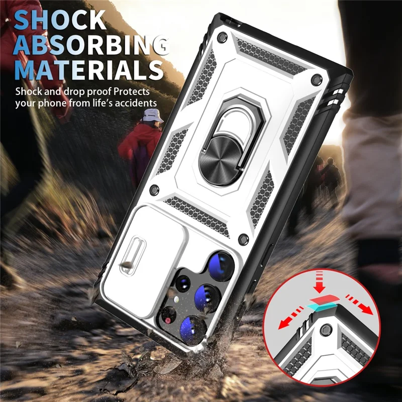 For Samsung Galaxy S24 Ultra Phone Case Built-in Slide Camera Lens Cover + Ring Holder Kickstand - White+Black