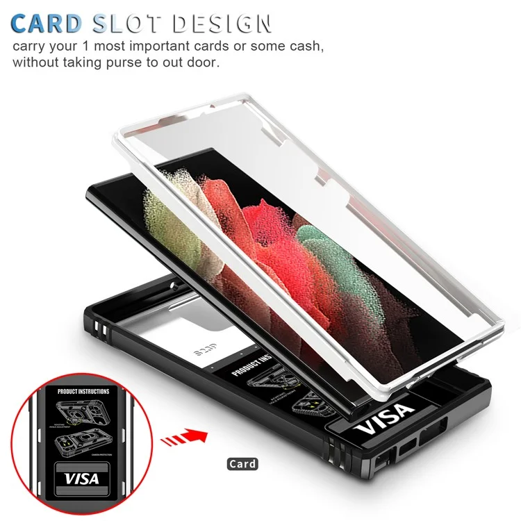 For Samsung Galaxy S24 Ultra Phone Case Built-in Slide Camera Lens Cover + Ring Holder Kickstand - White+Black