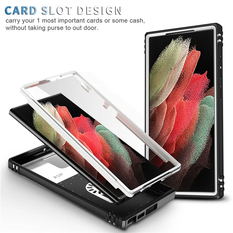 For Samsung Galaxy S24 Ultra Phone Case Built-in Slide Camera Lens Cover + Ring Holder Kickstand - White+Black