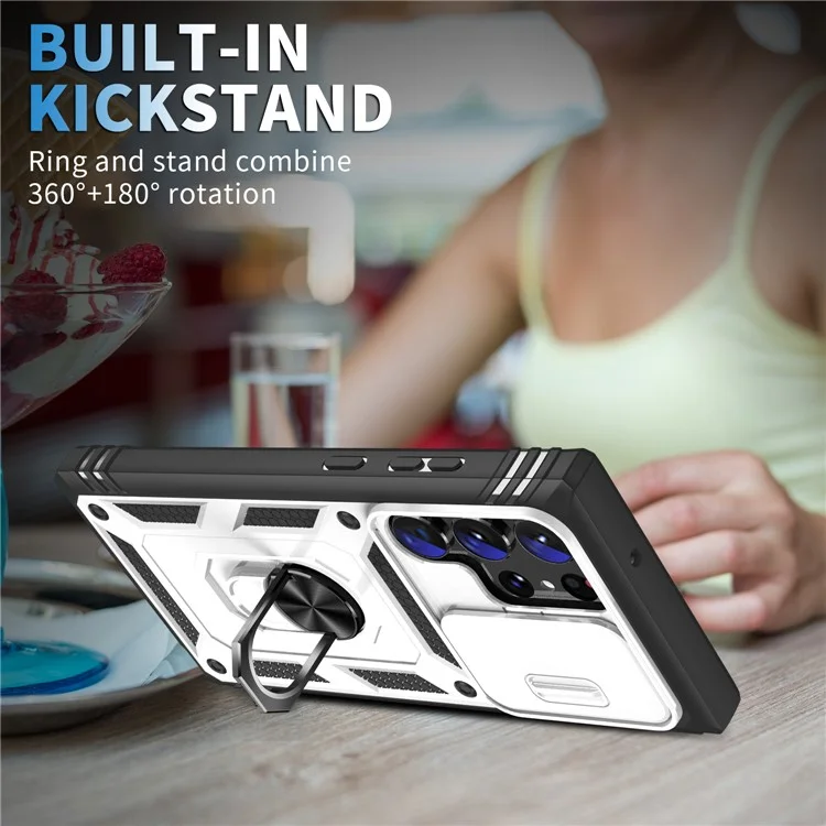 For Samsung Galaxy S24 Ultra Phone Case Built-in Slide Camera Lens Cover + Ring Holder Kickstand - White+Black