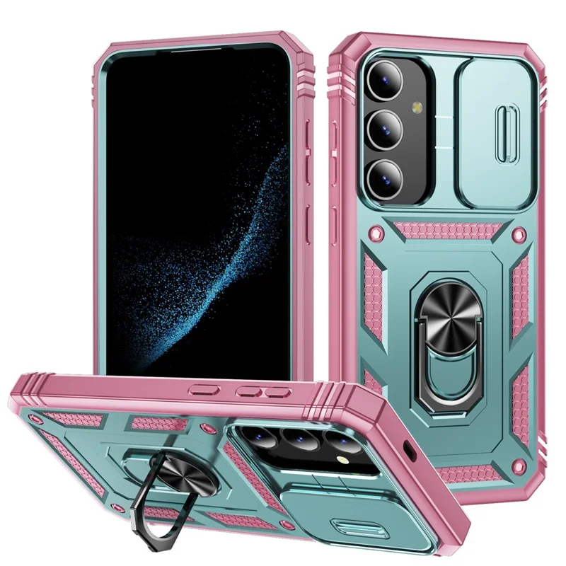 For Samsung Galaxy S24 Anti-Drop Protection Case with Camera Sliding Cover - Grey Green+Pink