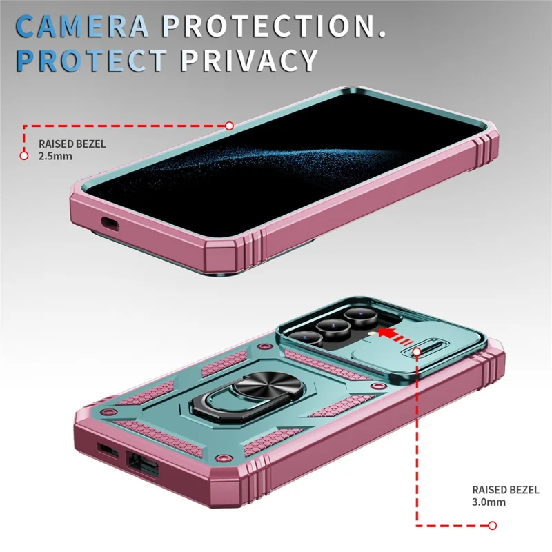 For Samsung Galaxy S24 Anti-Drop Protection Case with Camera Sliding Cover - Grey Green+Pink