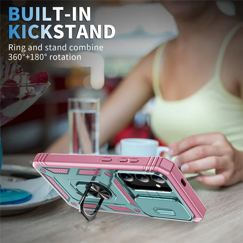 For Samsung Galaxy S24 Anti-Drop Protection Case with Camera Sliding Cover - Grey Green+Pink