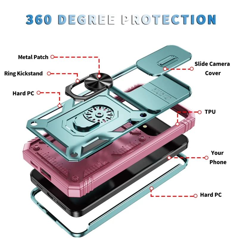 For Samsung Galaxy S24 Anti-Drop Protection Case with Camera Sliding Cover - Grey Green+Pink