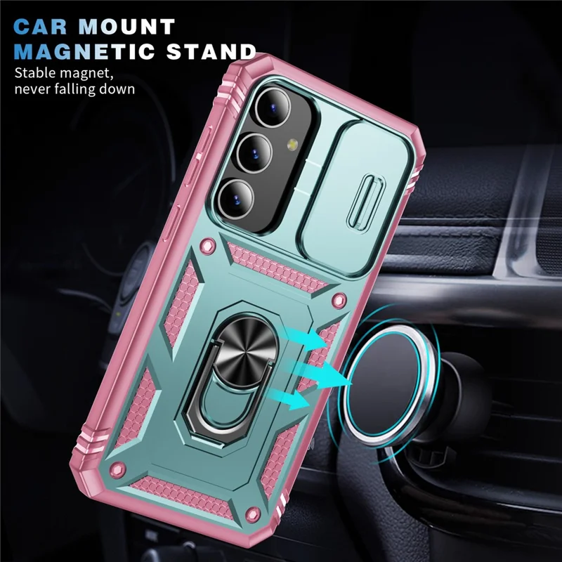 For Samsung Galaxy S24 Anti-Drop Protection Case with Camera Sliding Cover - Grey Green+Pink