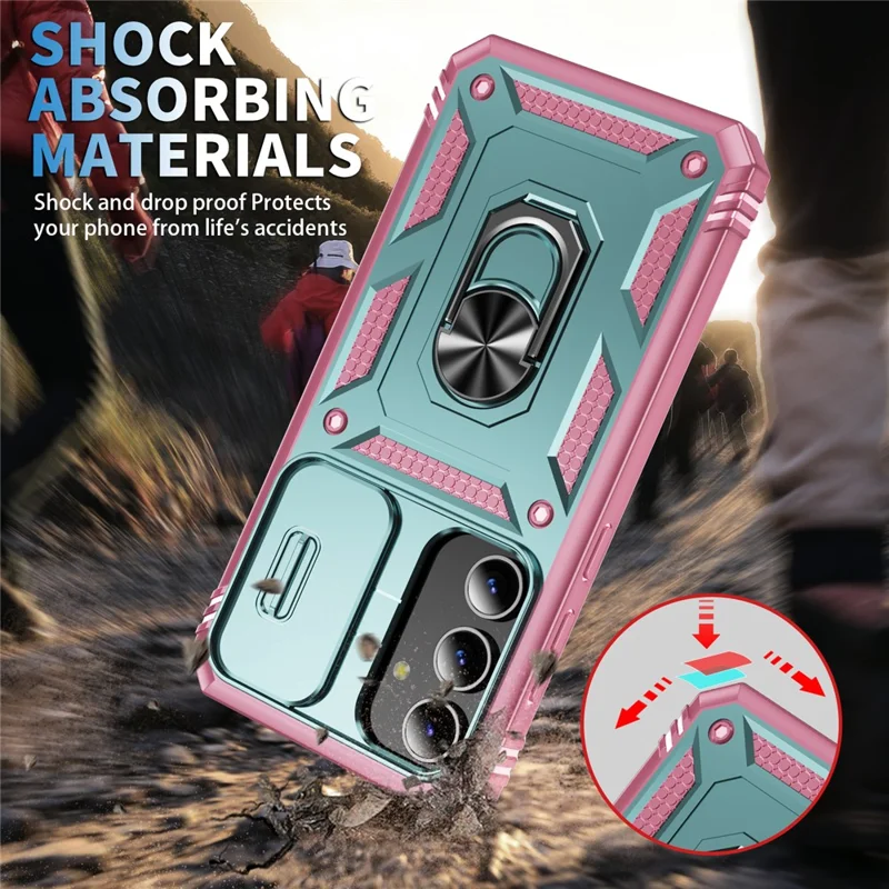 For Samsung Galaxy S24 Anti-Drop Protection Case with Camera Sliding Cover - Grey Green+Pink