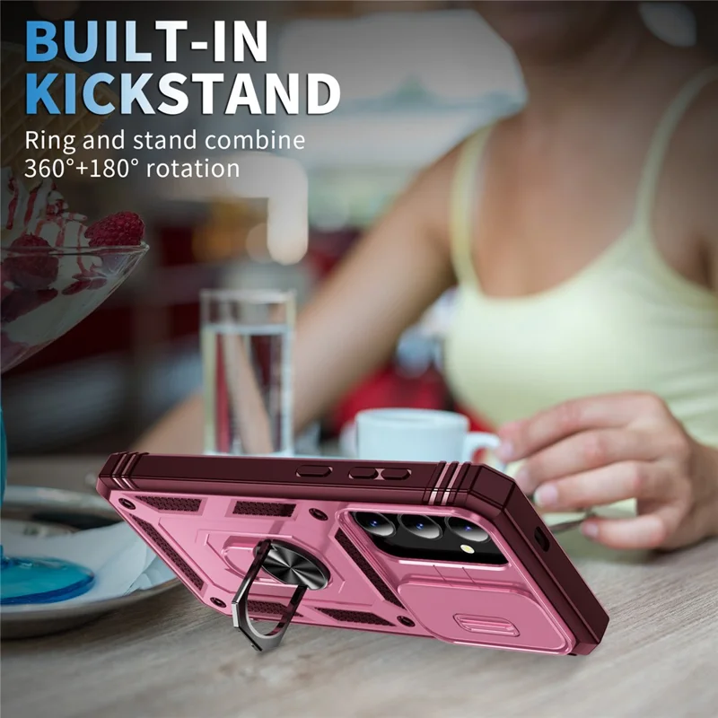 Slide Window Design for Samsung Galaxy S24+ Phone Case TPU+PC Protective Cover - Pink+Dark Red