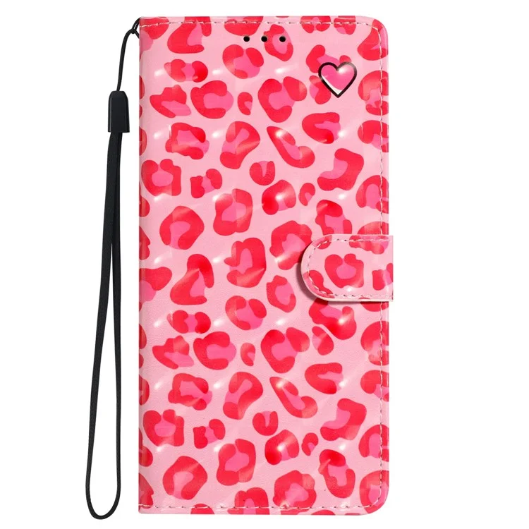 Para Xiaomi Redmi 13C 4G / Poco C65 4G Capa de Couro 3D Pattern Cover com Organizador de Cartão - Estampa de Leopardo Rosa