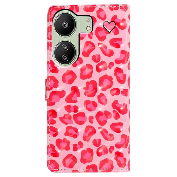 Para Xiaomi Redmi 13C 4G / Poco C65 4G Capa de Couro 3D Pattern Cover com Organizador de Cartão - Estampa de Leopardo Rosa