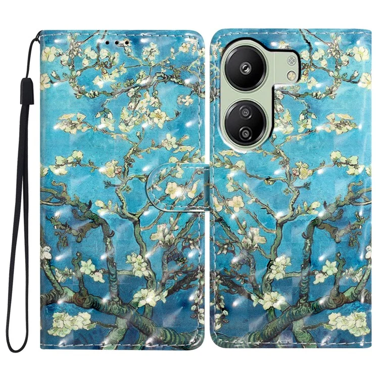 For Xiaomi Redmi 13C 4G / Poco C65 4G Leather Case 3D Pattern Cover with Card Organizer - Apricot Blossom