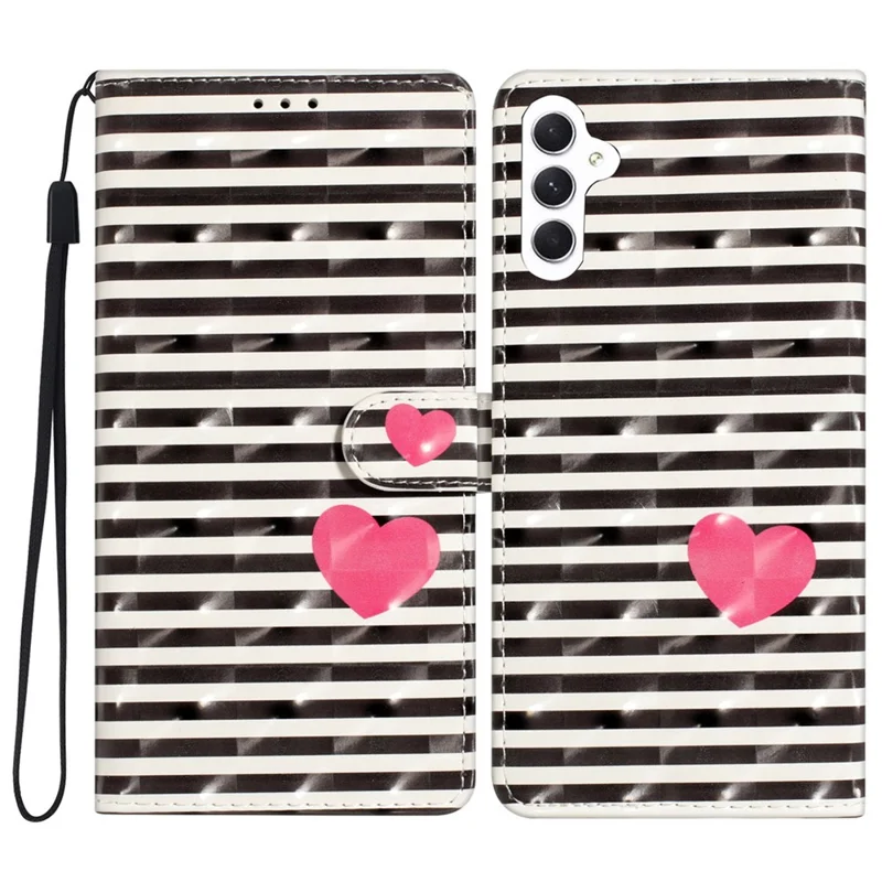 Leather Case for Samsung Galaxy A55 5G 3D Pattern Wallet Style Phone Cover with Card Slots - Stripes / Heart