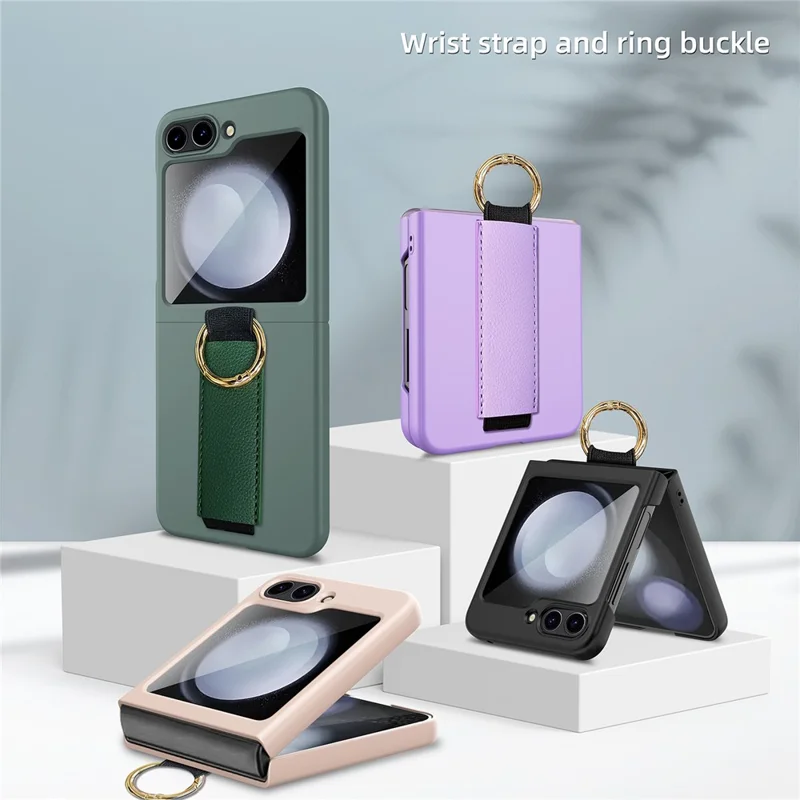 For Samsung Galaxy Z Flip5 5G Ring Holder Case Hard PC Phone Cover with Small Screen Protector - Black