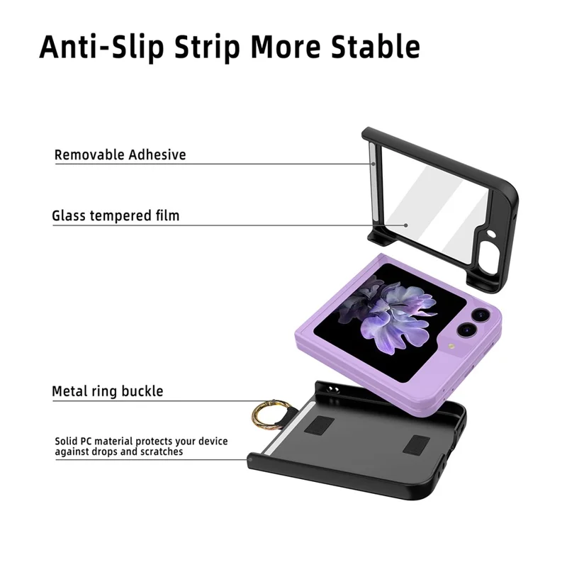 For Samsung Galaxy Z Flip5 5G Ring Holder Case Hard PC Phone Cover with Small Screen Protector - Black