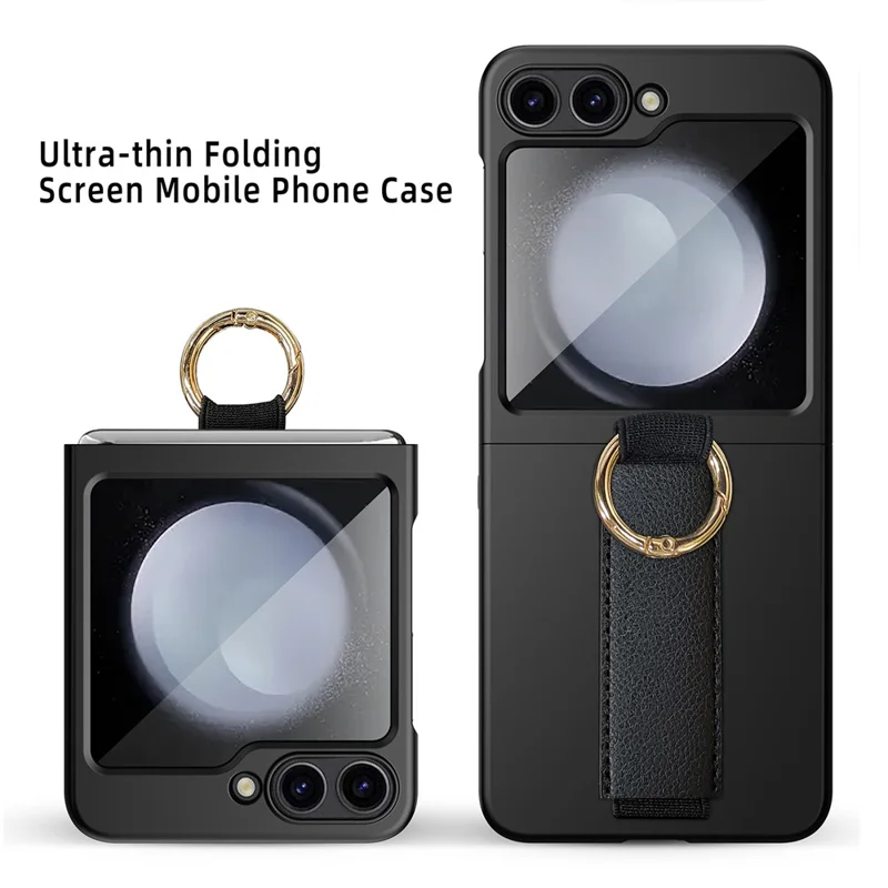 For Samsung Galaxy Z Flip5 5G Ring Holder Case Hard PC Phone Cover with Small Screen Protector - Black