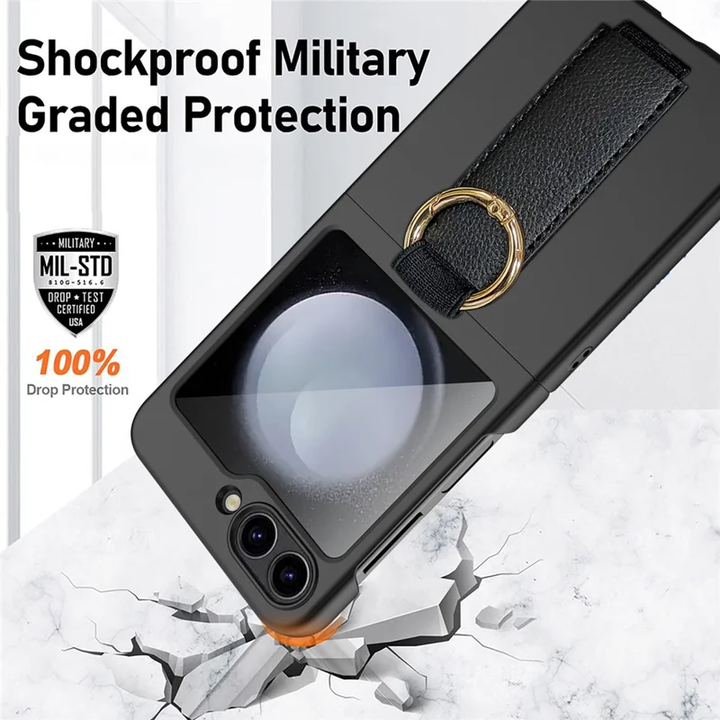 For Samsung Galaxy Z Flip5 5G Ring Holder Case Hard PC Phone Cover with Small Screen Protector - Black
