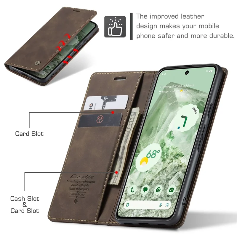 CASEME 013 Series For Google Pixel 8a Magnetic Case Anti-scratch PU Leather Phone Wallet Cover - Coffee