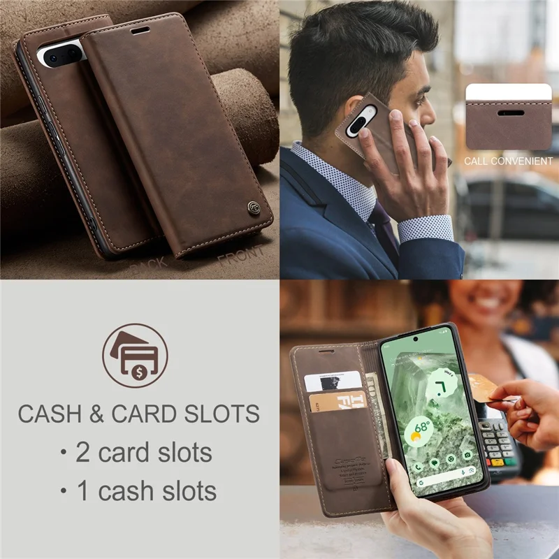CASEME 013 Series For Google Pixel 8a Magnetic Case Anti-scratch PU Leather Phone Wallet Cover - Coffee